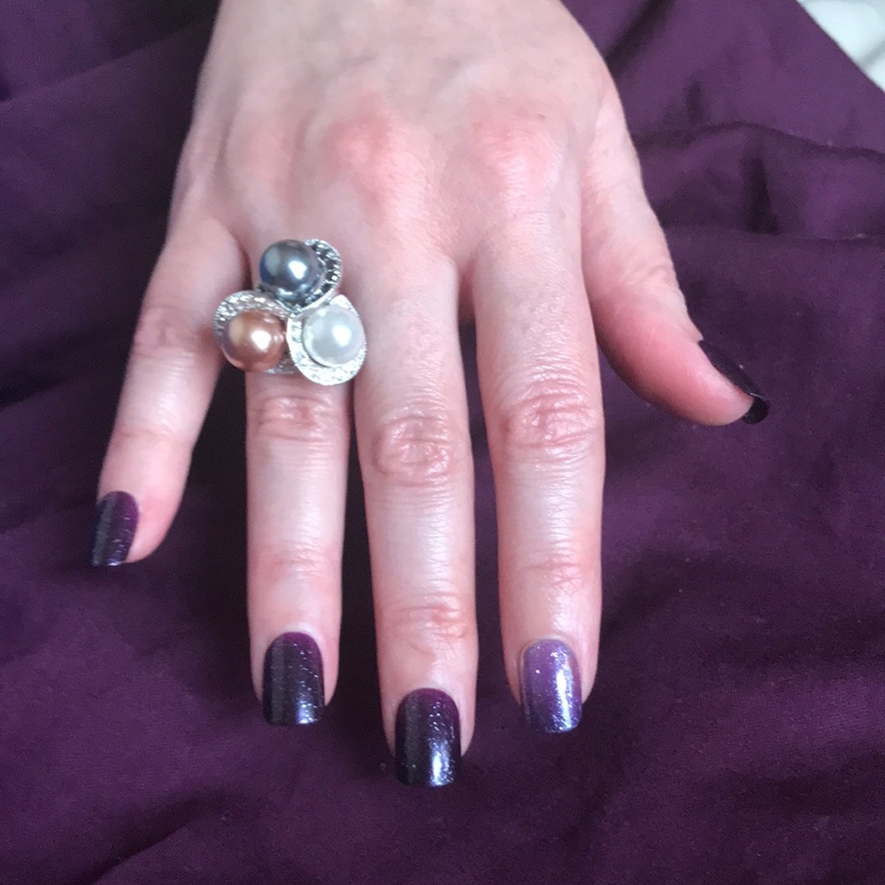 Unique Sterling silver faux tricolored pearls statement ring